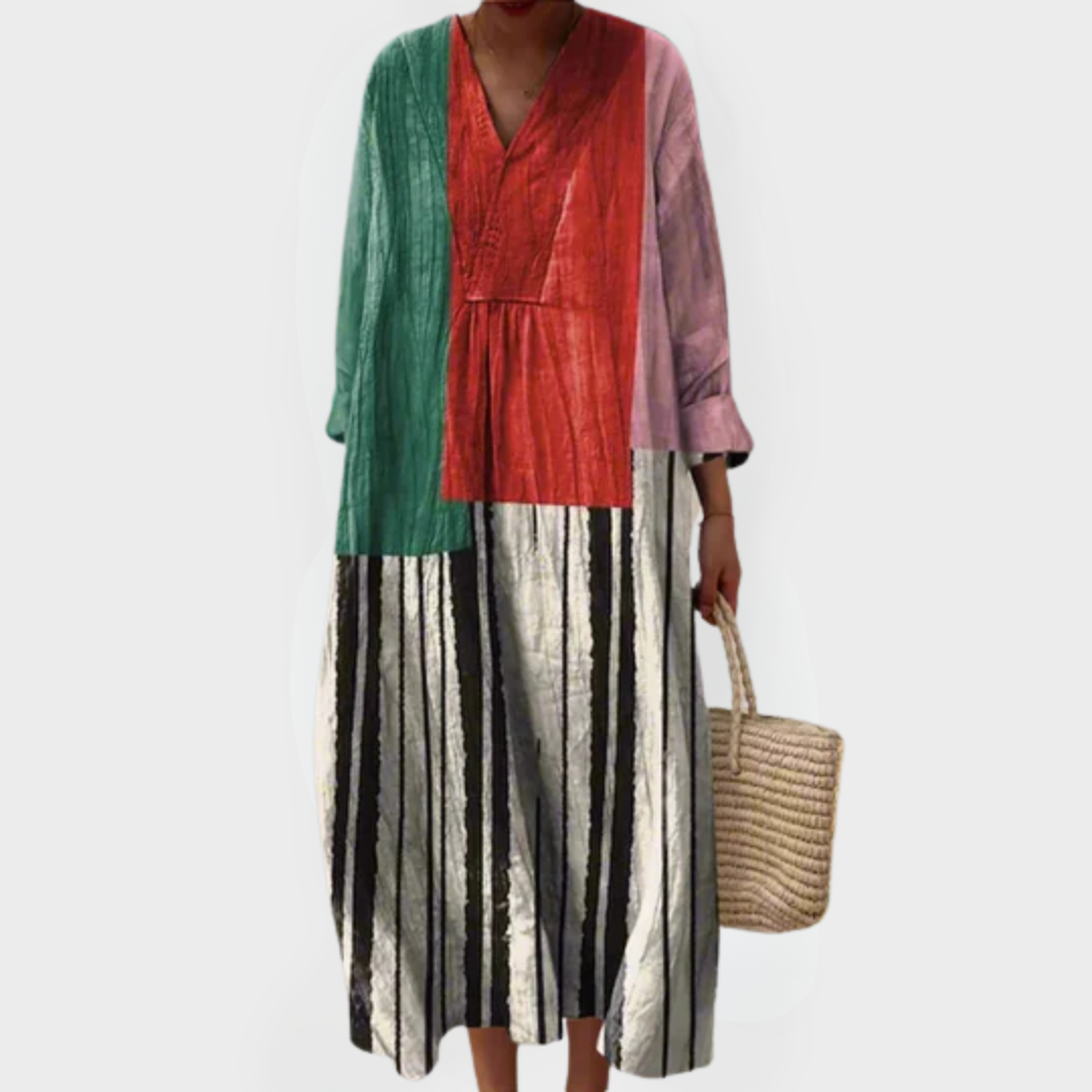 Harriet | Kleurblok Gestreepte Katoenen Maxi Jurk