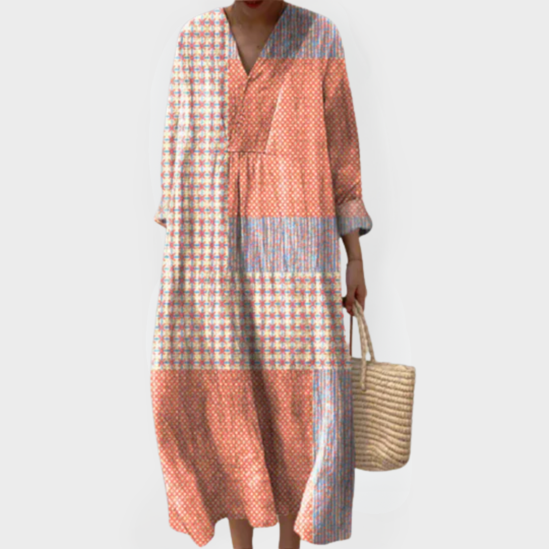 Nora | Koraal Sterrenburst Patchwork Midi Jurk