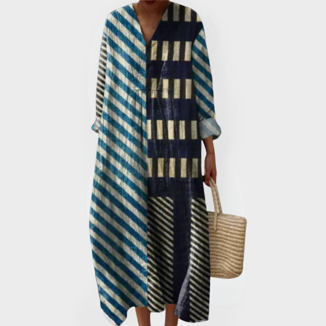Martha | Moderne Patchwork Gestreepte Midi-jurk
