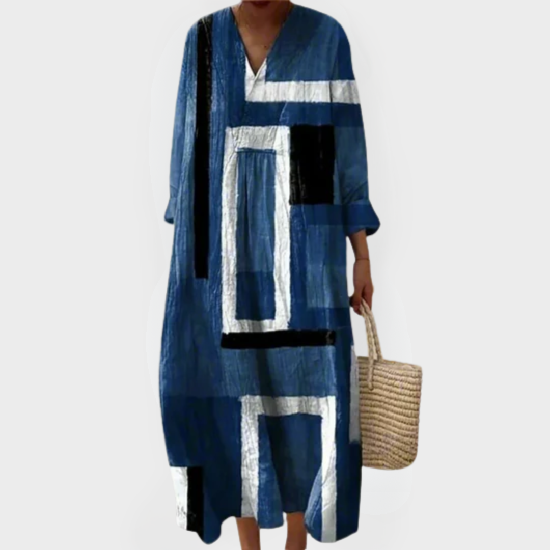 Evelyn | Abstracte Navy Loose-Fit Maxi Jurk